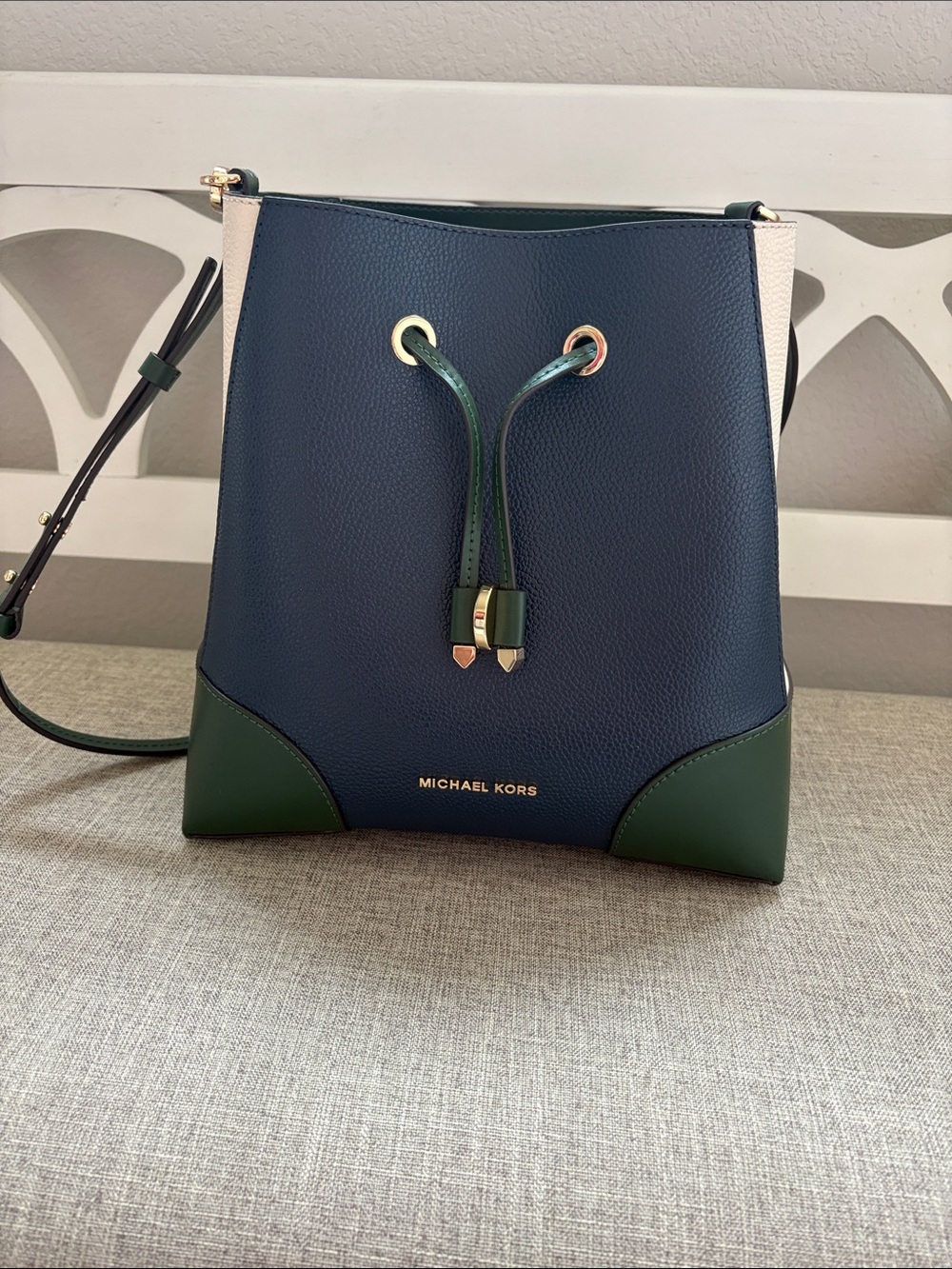 Michael Kors Navy, Green & Cream Leather Drawstring Crossbody